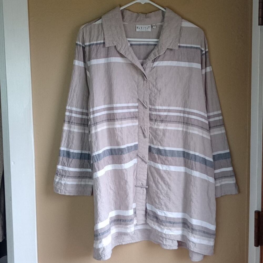 Habitat Striped button front light cotton Laggenlook style shark bite hem shirt